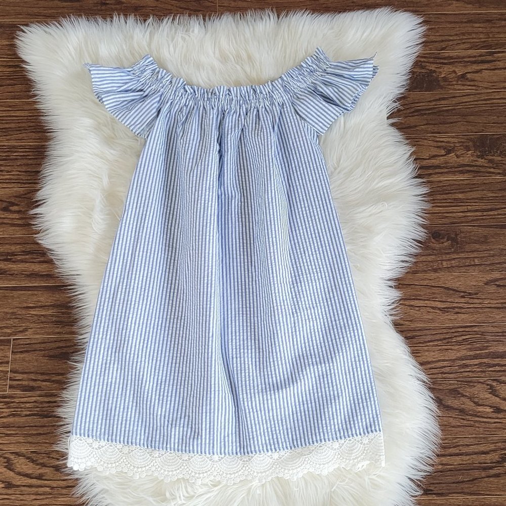Zara Light Blue and White Striped Off-Shoulder Mini Dress